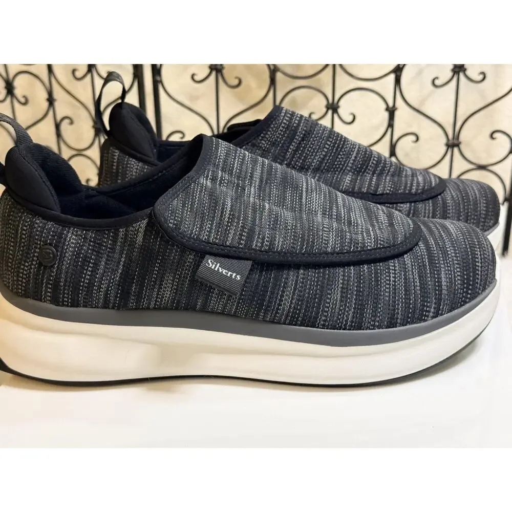 Silverts Slippers Mens, Slip-on, Velcro, Black/Gray-12